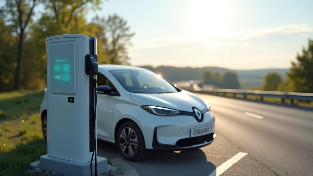 Elektriauton teelt pilt, maantee ja laadimispunkt nähtav