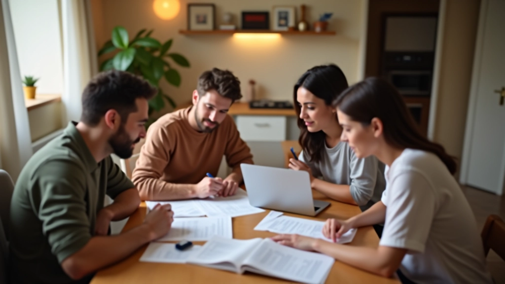 Family sitting together reviewing financial documents and planning their savings goals