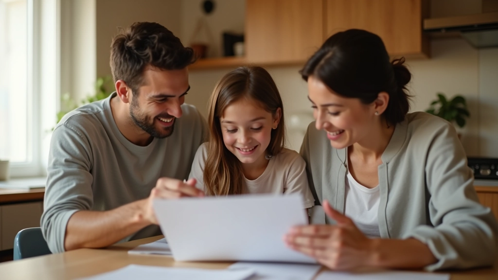 Family sitting at kitchen table reviewing budget plan together with notebook and pen