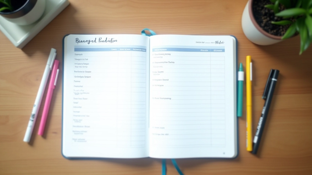 Notebook with handwritten budget notes, highlighted expense categories and monthly targets