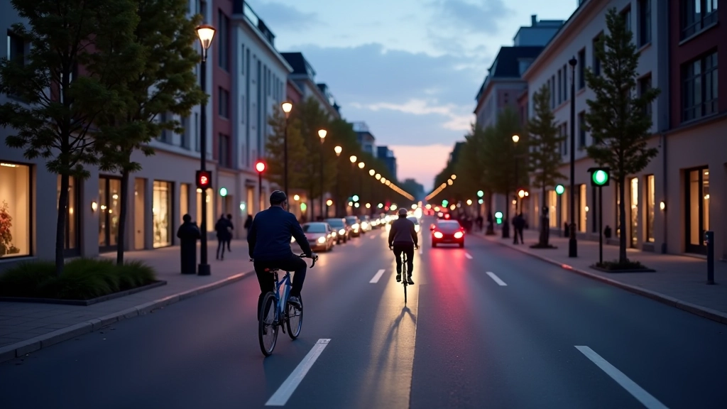 Tallinna linnamaastik ööseks valgustatud, elektriautod ja jalakäijad, kaasaegne linnaplaneering