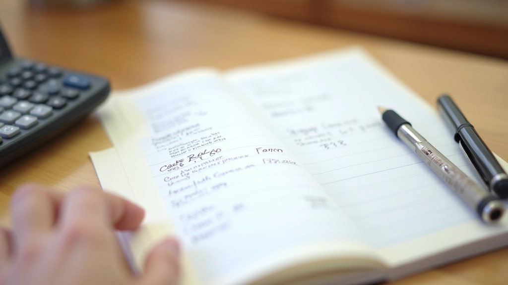 Handwritten budget notes and calculations in notebook with pen and calculator on desk