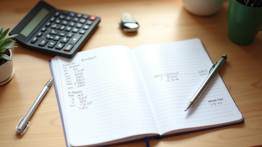 Open notebook with budget spreadsheet and calculator on wooden desk with pen