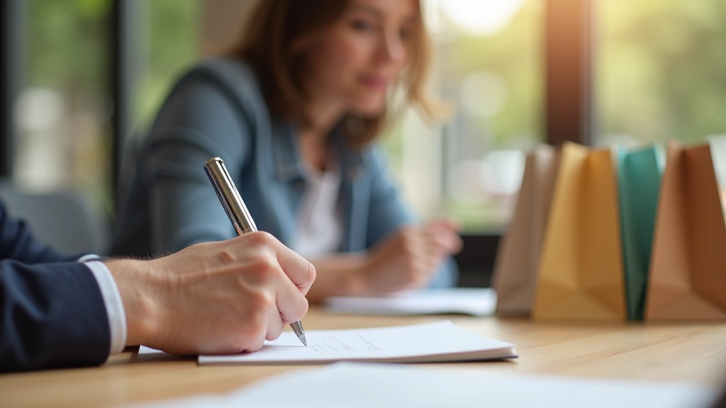 Person writing in notebook with shopping bags nearby, considering purchase decisions