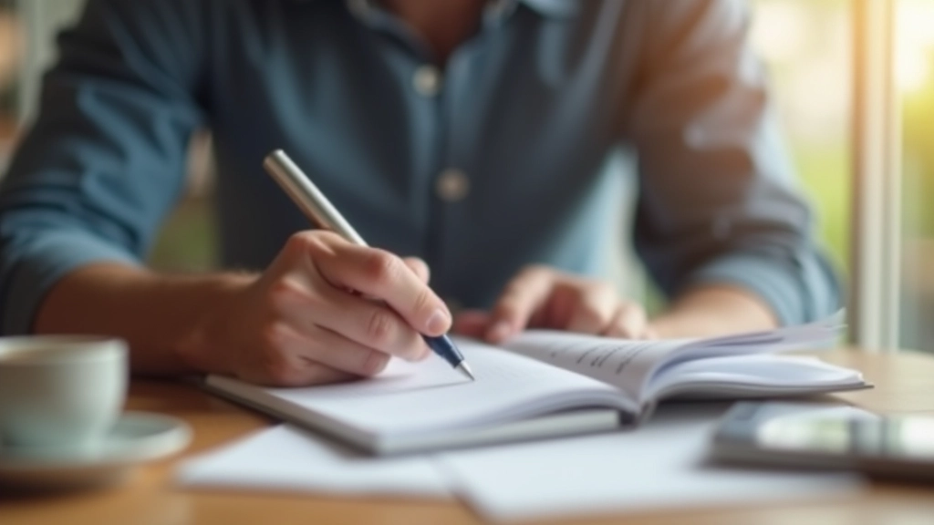 Person reviewing savings progress on notebook with coffee on wooden table