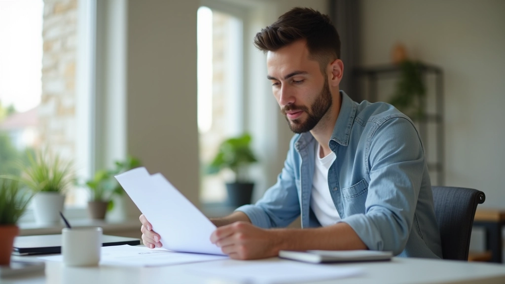 Person reviewing payroll statements and income documents at wooden desk with calculator and notebook