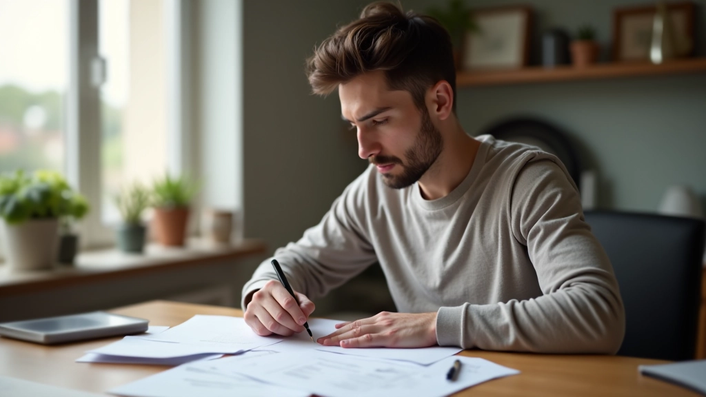 Person reviewing financial documents and bills at home office desk