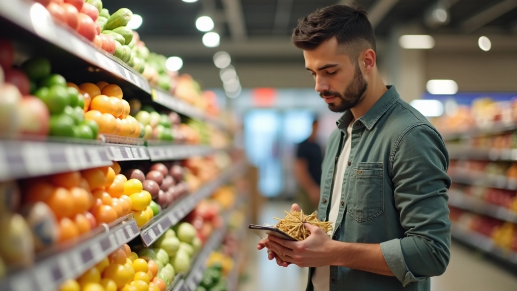 Person shopping for groceries in supermarket aisle selecting fresh vegetables and products
