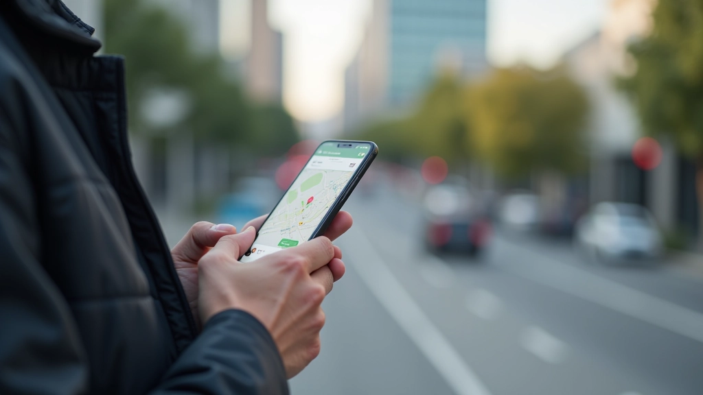Nutitelefon, millel on kaart ja marsruudi planeerimine, käsi hoiab telefoni